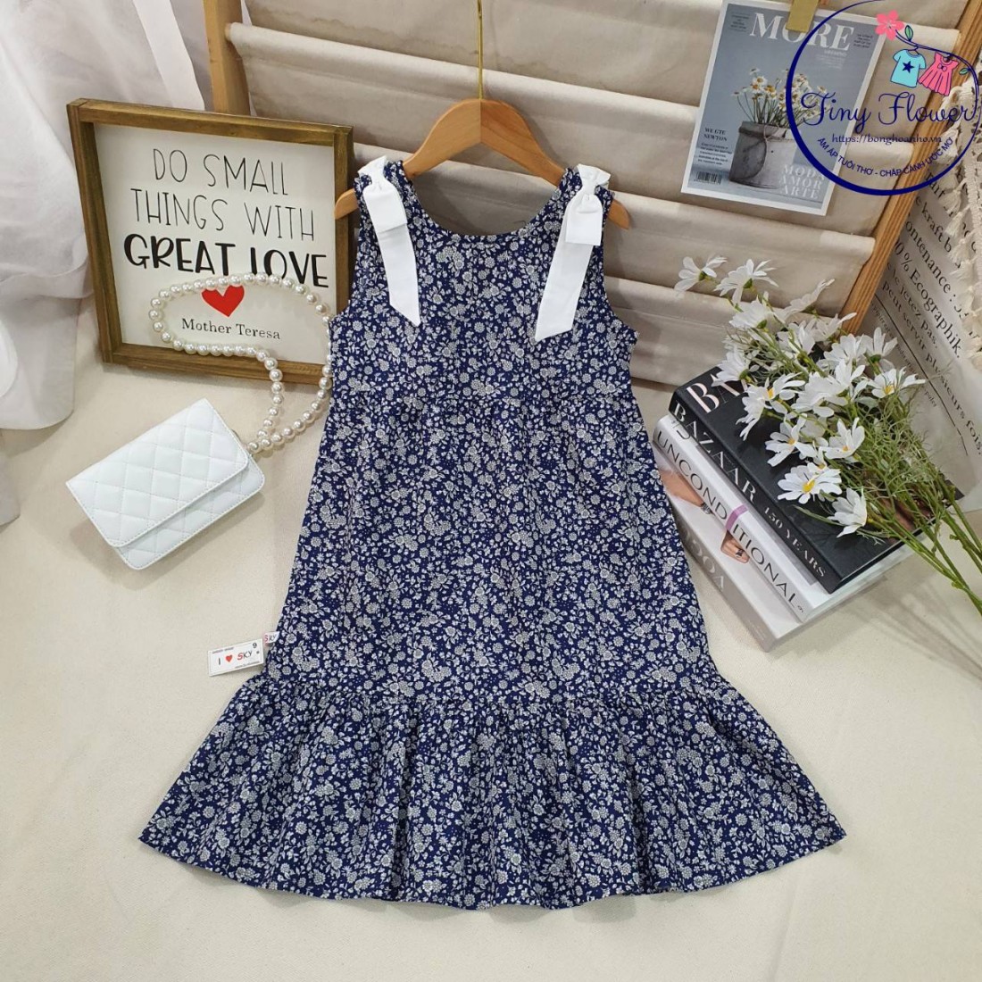 Váy hoa maxi trẻ em nơ vai size 7-10-VÁY XUÂN HÈ BÉ GÁI