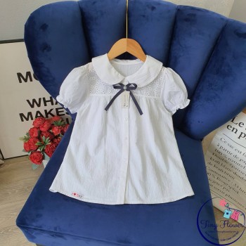 Áo sơ mi ren ngực nơ cài - chất thô cotton - size 6-10 - A8225