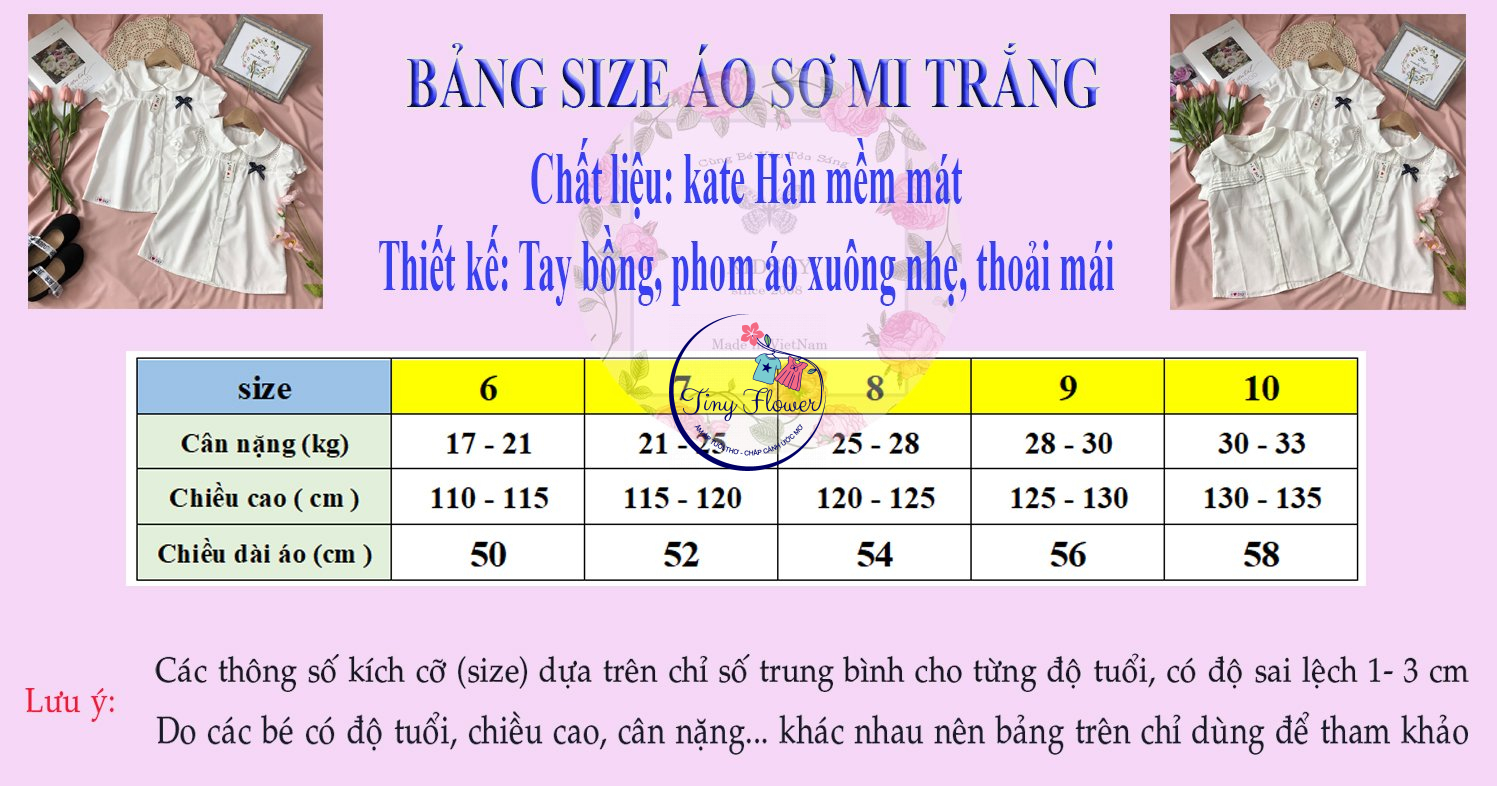 size chart áo sơ mi trắng